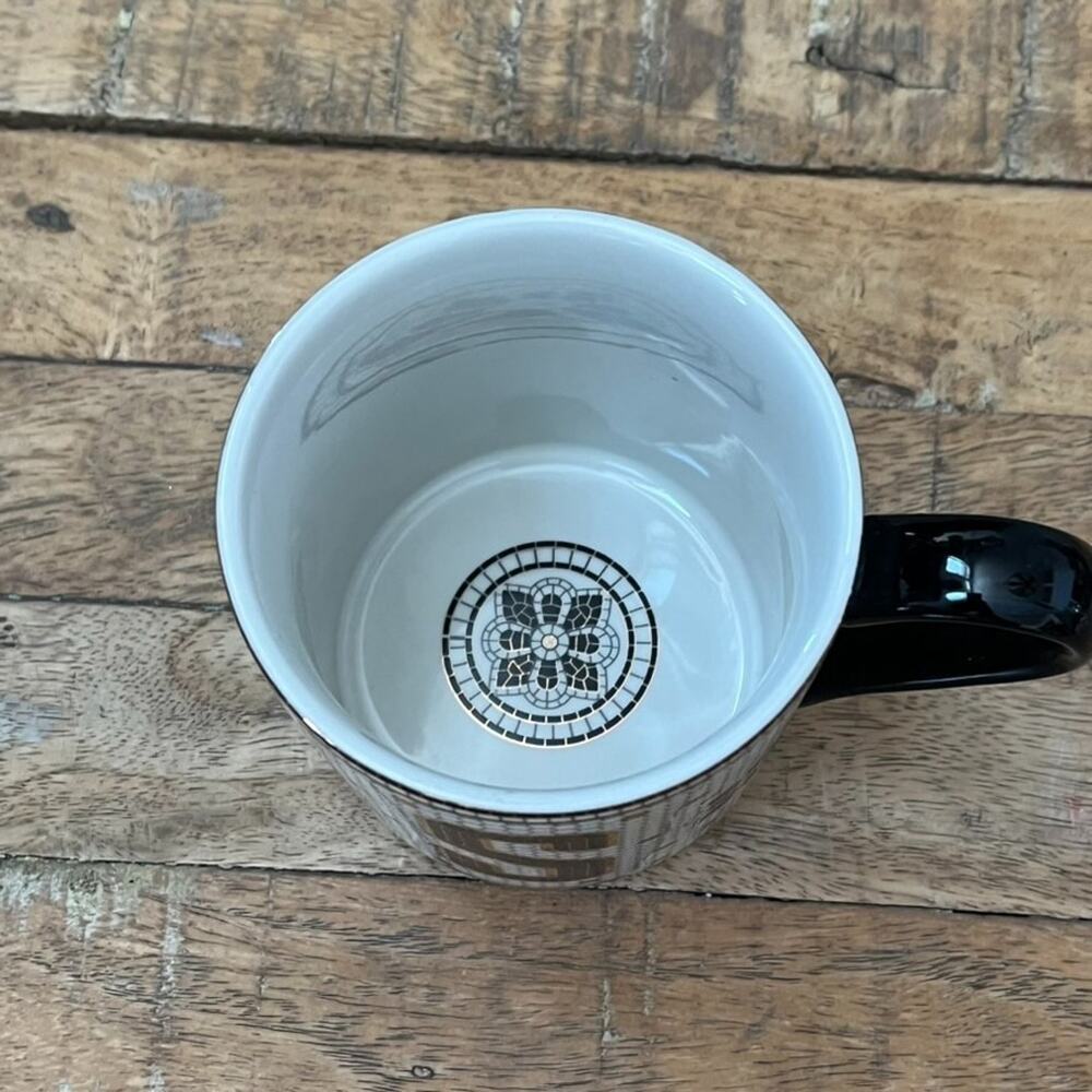 Anthropologie Bistro Tile Ceramic Mug "S" Black & Gold Honeycomb Mosaic - Picture 2 of 9